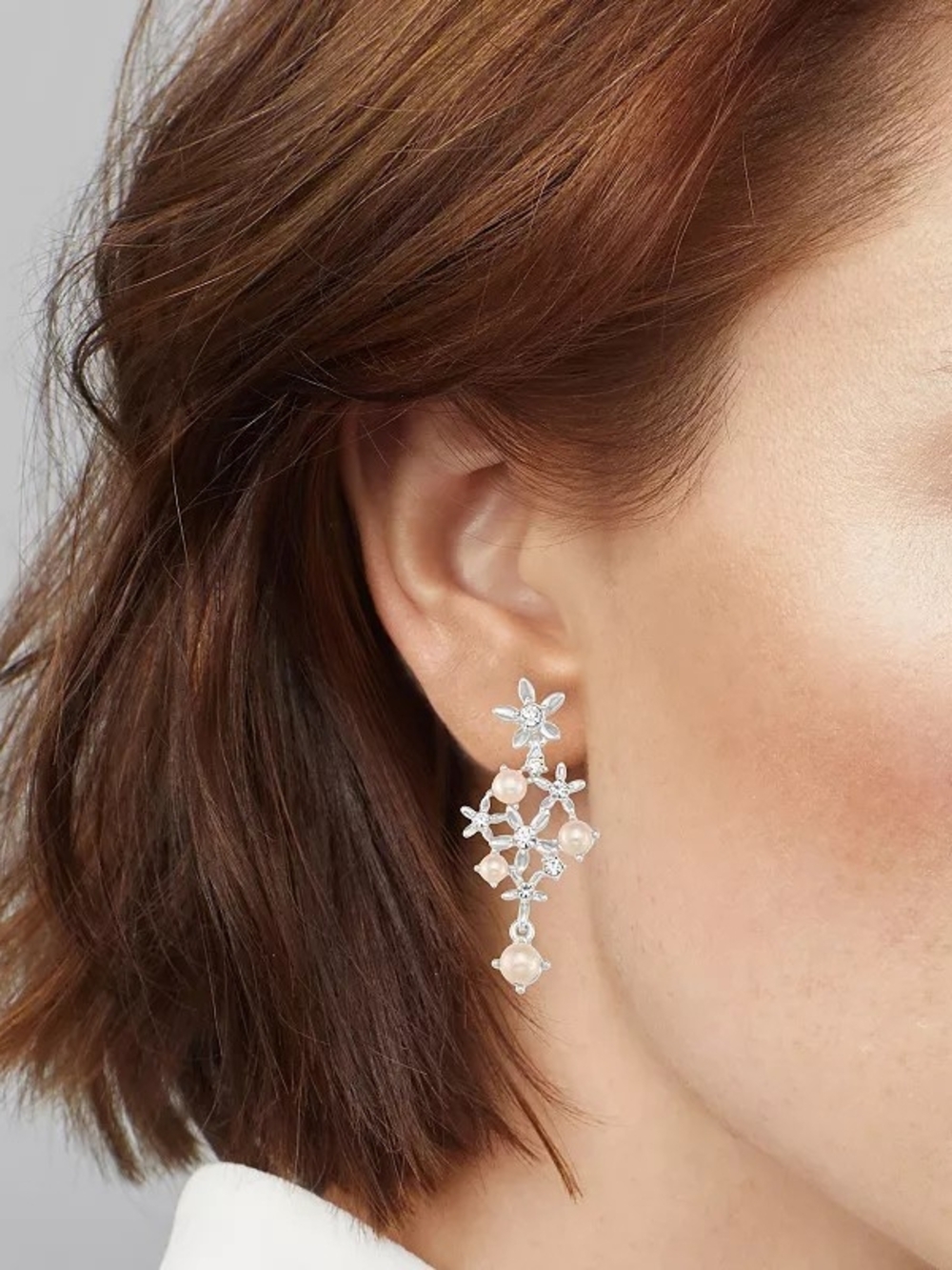 Silver Tone Simulated Pink Pearl & Crystal Floral Chandelier Earrings